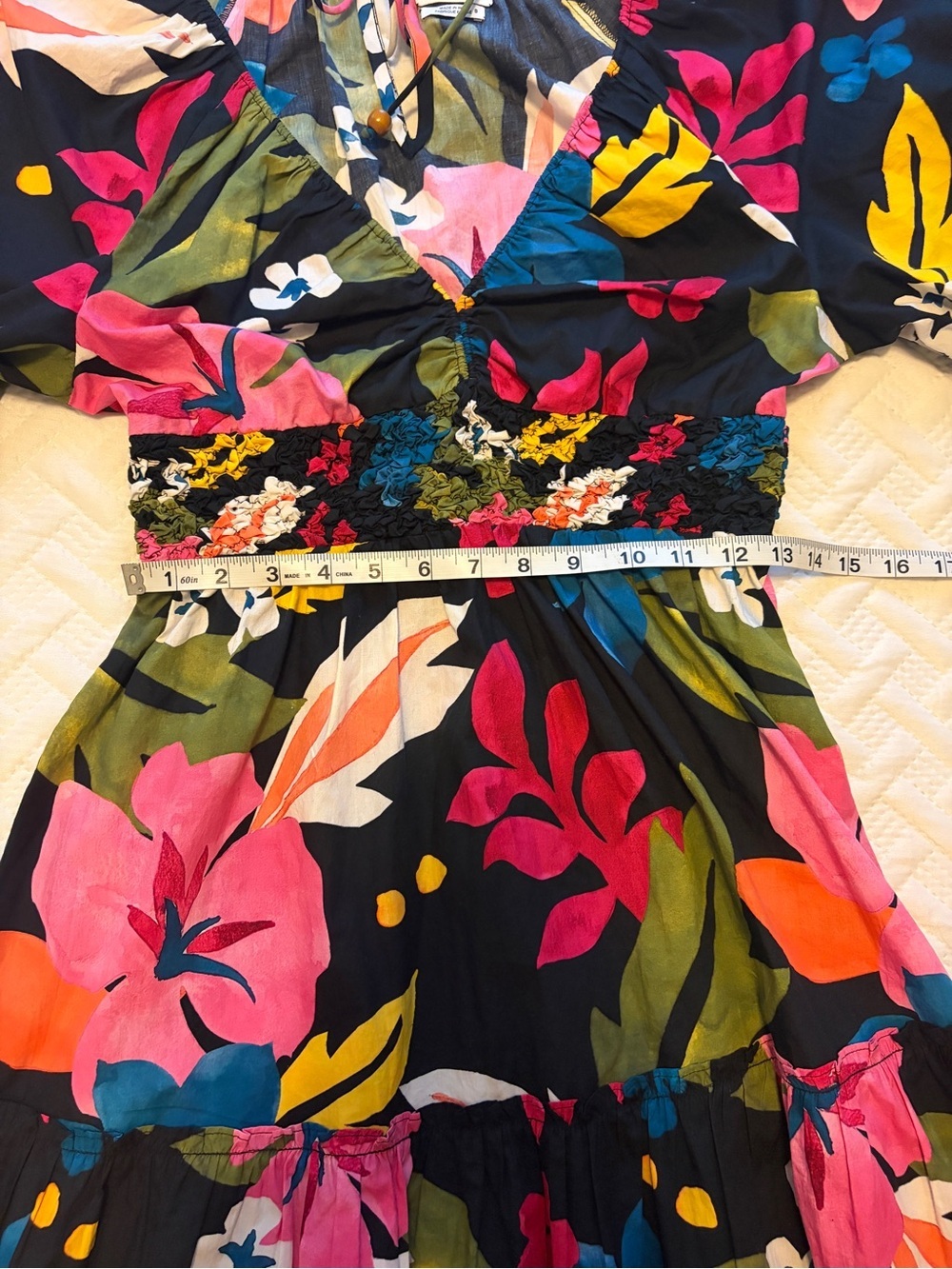 SAYLOR | Black Floral V-Neck Mini Dress with Bright Blooms and Smocked Waist - Picture 10 of 10